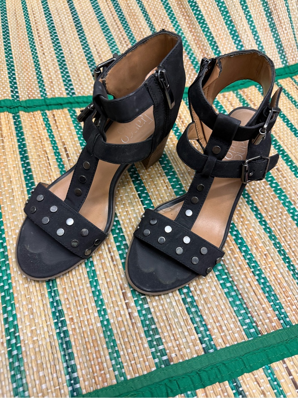 Franco Sarto Black Studded T-Strap Block Heel Sandals